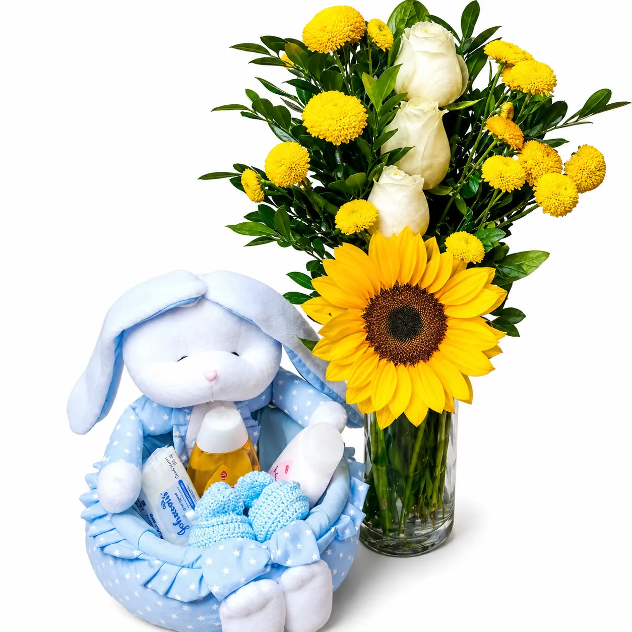 arreglo floral con talco jabón y flores para nacimiento o baby shower con entrega en Lima